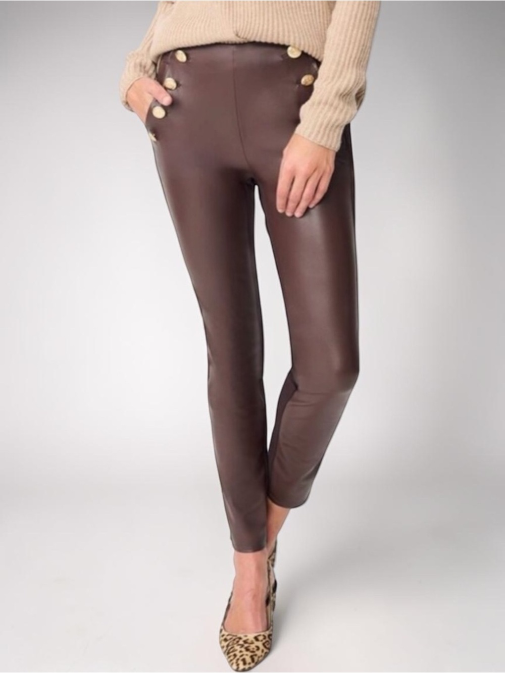J.McLaughlin Frick Faux Leather Pants XL Brown Button Detail Pull-On